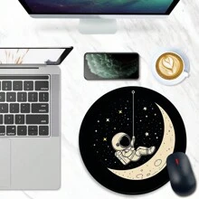 1pc Cute Astronaut & Moon Design Round Mouse Pad With Non-Slip Rubber Base, Small Mini Travel Mouse Pad Suitable For Wireless Computer Laptop, Office Desk Accessories - Multicolor - View 9