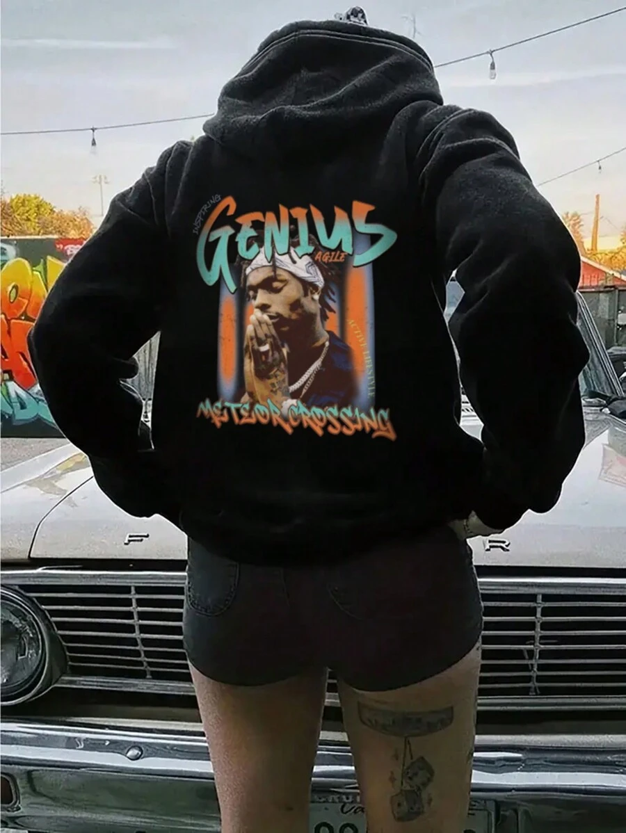 女士新款秋冬肖像印花连帽运动衫，休闲街头时尚潮流嘻哈风格 - 黑色 - 查看 1