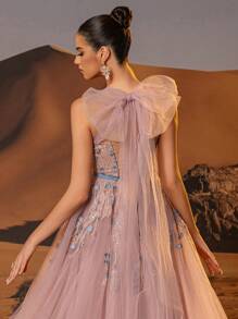 Váy dạ hội ren nhiều kiểu dáng dài chữ A bằng vải tuyn, váy dạ hội cho nữ có dây đeo nơ, váy dạ hội thêu ren sequin, có thắt lưng, váy dạ hội buộc dây phía sau dành cho thiếu nữ, váy dự tiệc tối cho nữ, váy dự tiệc cưới, cho khách dự tiệc cưới, tốt nghiệp, tiệc tối - Bụi hồng - Xem 10