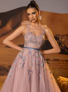 Váy dạ hội ren nhiều kiểu dáng dài chữ A bằng vải tuyn, váy dạ hội cho nữ có dây đeo nơ, váy dạ hội thêu ren sequin, có thắt lưng, váy dạ hội buộc dây phía sau dành cho thiếu nữ, váy dự tiệc tối cho nữ, váy dự tiệc cưới, cho khách dự tiệc cưới, tốt nghiệp, tiệc tối - Bụi hồng - Xem 9