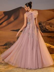 Váy dạ hội ren nhiều kiểu dáng dài chữ A bằng vải tuyn, váy dạ hội cho nữ có dây đeo nơ, váy dạ hội thêu ren sequin, có thắt lưng, váy dạ hội buộc dây phía sau dành cho thiếu nữ, váy dự tiệc tối cho nữ, váy dự tiệc cưới, cho khách dự tiệc cưới, tốt nghiệp, tiệc tối - Bụi hồng - Xem 2