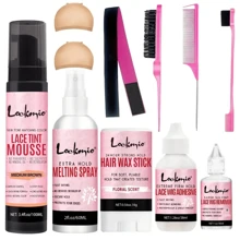 11件/8件套假发安装套装，包含：蕾丝染色摩丝、造型喷雾、蕾丝前假发胶水、发蜡棒、胶水去除剂、松紧带、造型梳、边缘刷、假发染色工具（适用于假发和接发）