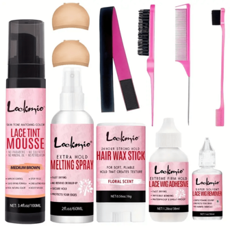 11/8 st perukinstallationskit, innehåller: hårskum för spetsfärgning, smältspray, peruklim för spetsfront, hårvaxstift, limborttagare, gummiband, stylingkam, kantborste, spetsfärgningsverktyg för tupéer och löshår