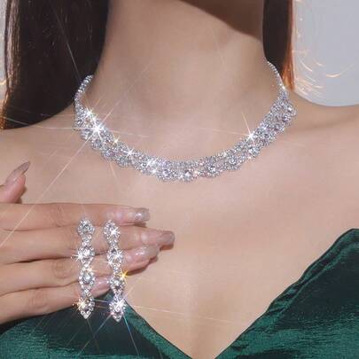 3件套新娘首饰套装：时尚项链和耳环，超闪亮首饰套装 - 适合女性日常佩戴、婚礼、派对和其他场合。