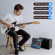 BOMGE 6 Channel Mini DJ Audio Sound Mixer Interface With MP3, USB, Bluetooth , Stereo Recording, 48V Phantom Power, 24 DSP For Karaoke, Performance, Streaming - Black - View 3