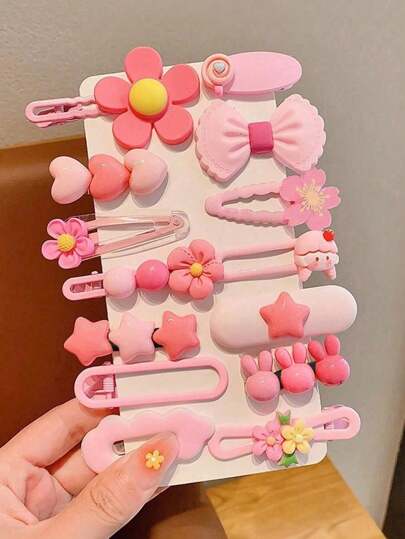 14pcs/Set Girls Pink Heart Star Flower Hair Clips, Suitable For Daily Or Party Wear