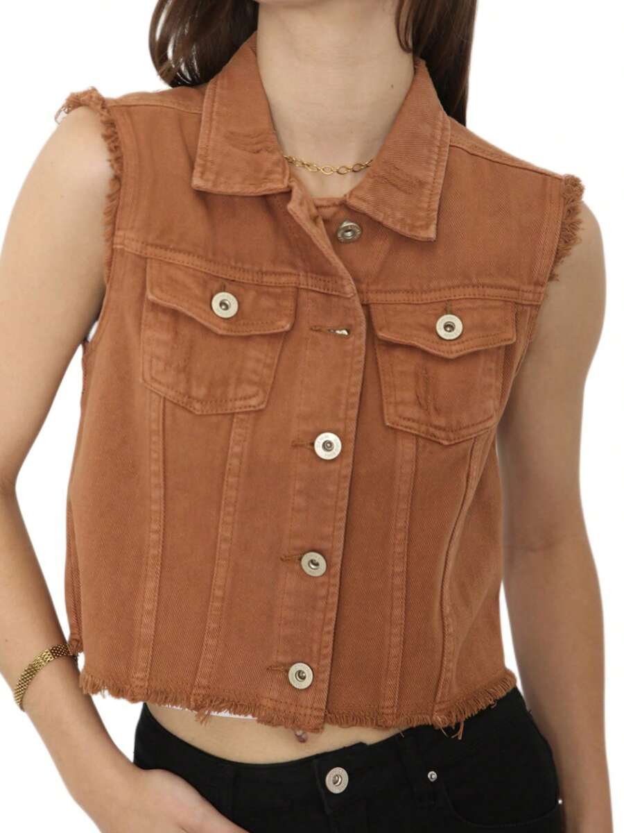 Womens Distressed Denim Button Up Sleeveless Crop Vest - Brown - View 1