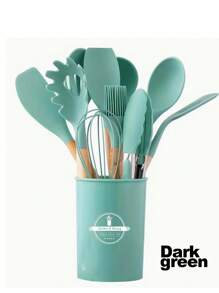 1 套厨房用具套装、硅胶炊具套装、12 件硅胶厨房用具套装、木制烹饪用具、厨房小工具、硅胶餐具套装、带储物桶的厨房工具