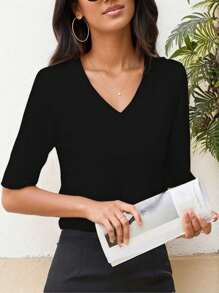 OUTBALL Women's V Neck T Shirts Basic Summer Tees Casual Half Sleeve Tops - 黑色 - 查看 1