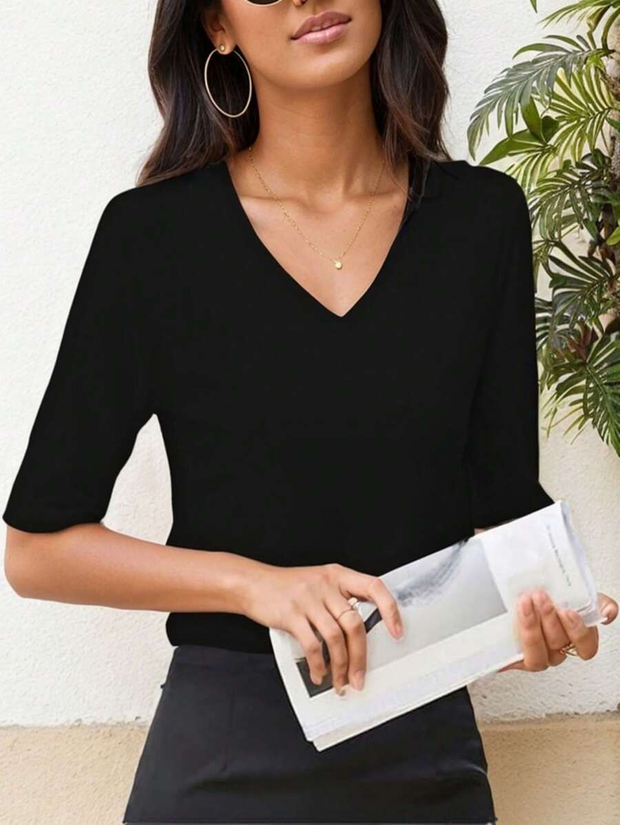 OUTBALL Women's V Neck T Shirts Basic Summer Tees Casual Half Sleeve Tops - 黑色 - 查看 1