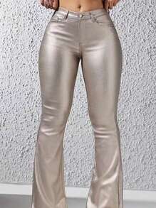Women's Leather Pants Mid Waist Straight Leg Pant With Pockets Leather Leggings Bell Bottom Flare Pants - Rượu sâm banh - Xem 4