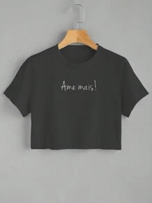 Cropped Short T-Shirt Printed Love More Phrases Various Colors 100% Cotton - màu đen - Xem 1