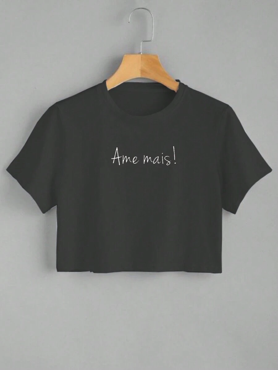 Cropped Short T-Shirt Printed Love More Phrases Various Colors 100% Cotton - màu đen - Xem 1
