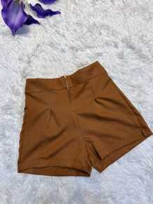 REED Short feminina com detalhes de ziper por frente e com elastano na parte da cintura - Café - Visão 1