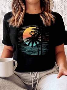 100% Cotton Women's T-Shirts 2026 With Sunset Coconut Tree Print, Fashionable Summer Women's T-Shirt, Casual, Comfortable, Soft, Sporty And Suitable For - 黑色 - 查看 2