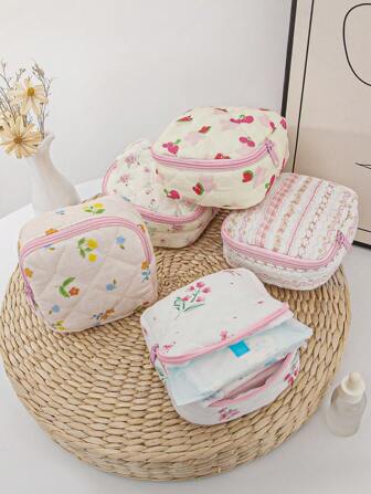 1 件复古花卉印花女士卫生棉条收纳袋卫生巾袋餐巾化妆包收纳袋女士化妆包女孩卫生棉条收纳袋，钱包袋便携式化妆品刷收纳包带拉链封口，适用于口红、刷子、护肤品、手机、硬币、小物件，适用于家庭、旅行、度假和学校使用，化妆包化妆包护肤包洗漱用品