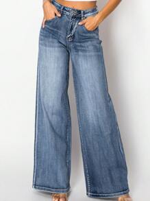 Women High Waisted Wide Leg Jeans In Vintage Wash-Faded Wash High Rise Jeans-Dark Blue Denim Long Jeans - Rửa tối - Xem 1