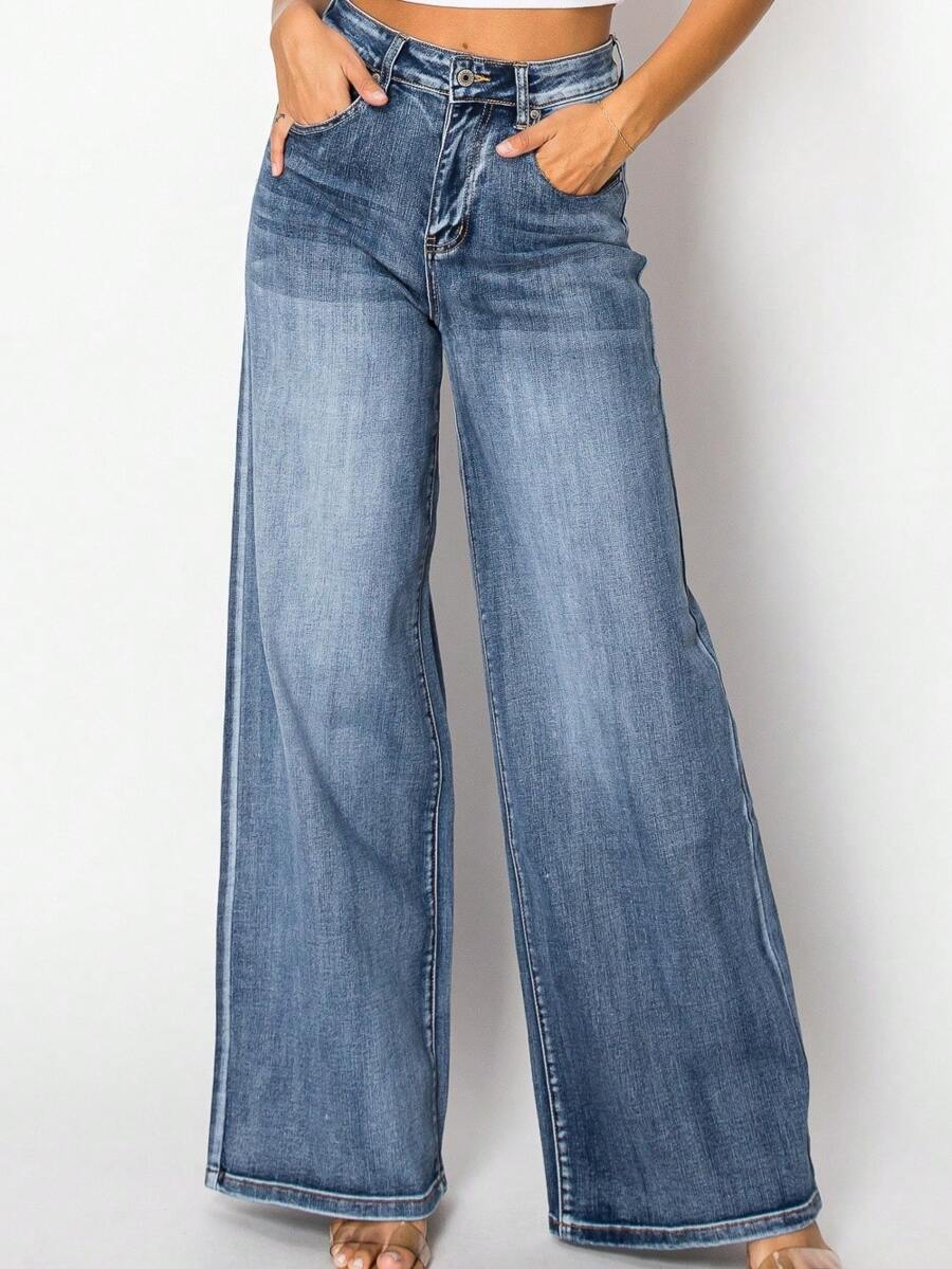 Women High Waisted Wide Leg Jeans In Vintage Wash-Faded Wash High Rise Jeans-Dark Blue Denim Long Jeans - Rửa tối - Xem 1