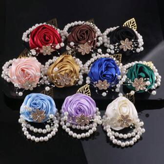 1 件女士手工腕花，韩式多色玫瑰串珠装饰手链，新娘、伴娘、婚礼、派对、日常、浪漫配饰