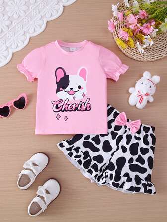 2 件套女孩休闲狗和字母印花短袖 T 恤和图案短裤套装，夏季