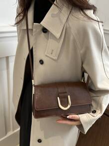 Bolso cuadrado de hombro unicolor retro, bolso de sobaco a juego con solapa, el bolso de sobaco talla grande simple para mujeres, regalo ideal para Año Nuevo, bolso de negocios y casual de moda para mujeres, perfecto para oficina, negocios y trabajo