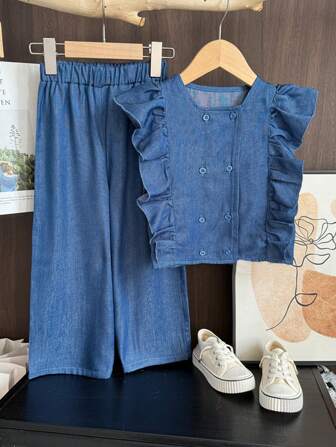 年轻女孩 2 件套优雅双排扣荷叶边背心和长裤纯色套装，适合夏季