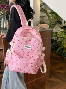 Korean Style Cherry Print Soft Girl Large Capacity Casual Student Backpack Valentines - Pink - View 8