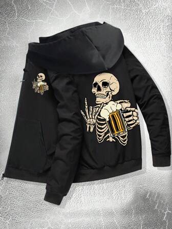 Men Long Sleeve Spring Autumn Casual Sports Zipper Hooded Rave Jacket With Skull Print Pattern