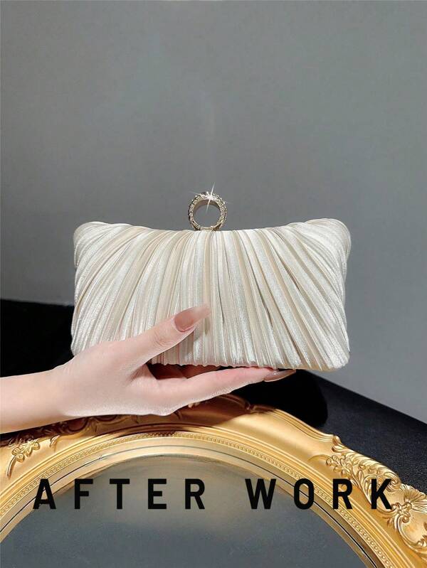 Women Fashionable Shiny Ring Buckle Pleated Satin Box Clutch Bag For Evening Dress Formal Party Prom Wedding Chain Handbag