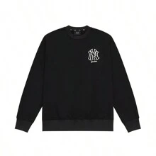 MLB New York Yankees Basic Series Round Neck Casual Sweatshirt, Solid Color Brand Large Logo Vintage Style, Unisex, Black
