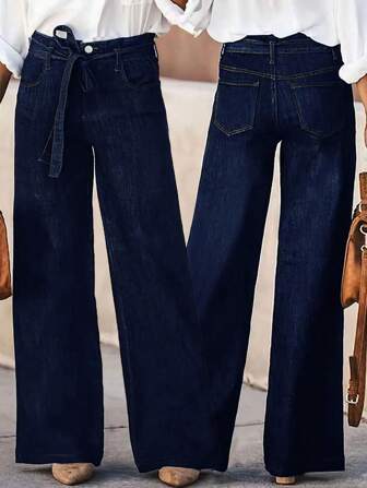 New Women's Simple Belt Jeans Stretch Straight Trousers