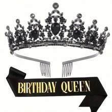 2pcs/Set Birthday Queen Sash And Crown, Women's Crystal Crown And Satin Set, Includes Rhinestone Crown, Comb And Shiny Hair Accessories, Suitable For Ball Party Decor, Cake Decor, With Pin - Multicolor - View 15