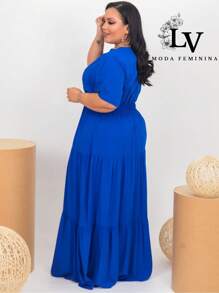 Plus Size Long Dress V Neck Short Sleeve - Royal Blue - View 2