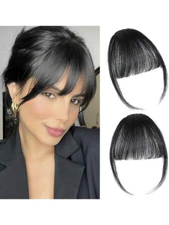 1 pieza de flequillo sintético con clip, aproximadamente 8.5 pulgadas, negro natural, flequillo postizo con piezas de cabello para las sienes para uso diario de las mujeres