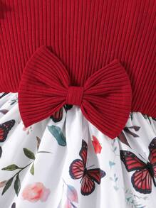 Newborn Girls Elegant Flower & Butterfly Print Long Sleeve Dress With Headband Set, Spring And Autumn - Burgundy - View 4