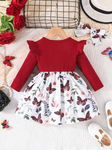 Newborn Girls Elegant Flower & Butterfly Print Long Sleeve Dress With Headband Set, Spring And Autumn - Burgundy - View 6
