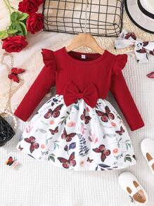 Newborn Girls Elegant Flower & Butterfly Print Long Sleeve Dress With Headband Set, Spring And Autumn - Burgundy - View 1