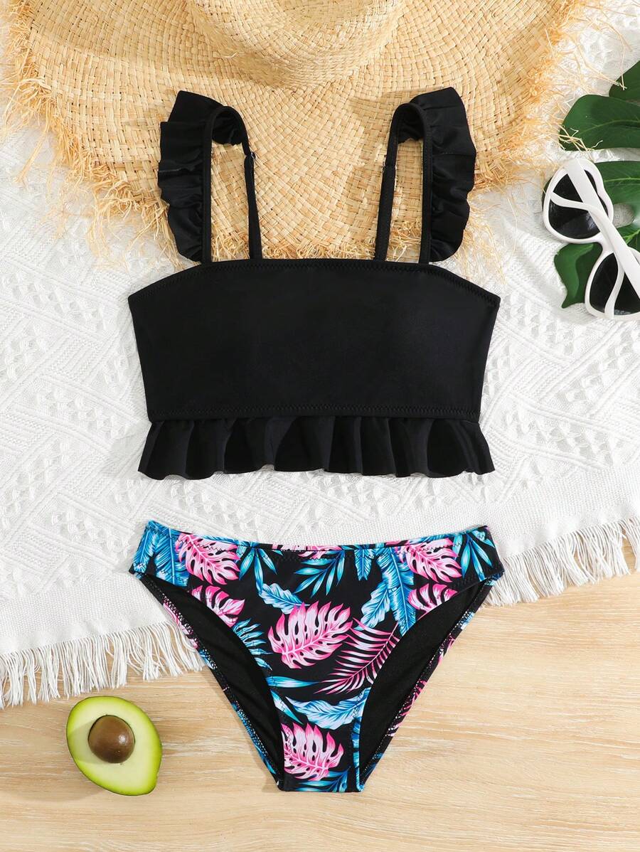 WD VEST Girls' Beach Set With Ruffled Top And Floral Print Bottoms - J3076 - 黑色 - 查看 1