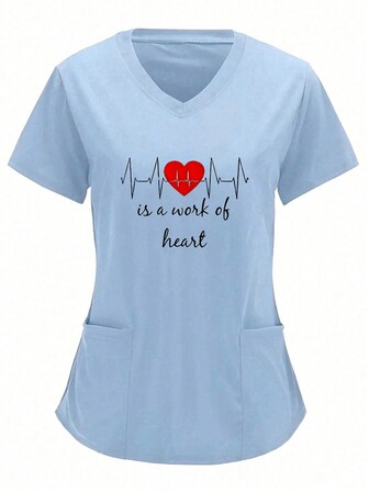 Blue V-Neck Print Nurse Scrub Uniform Top