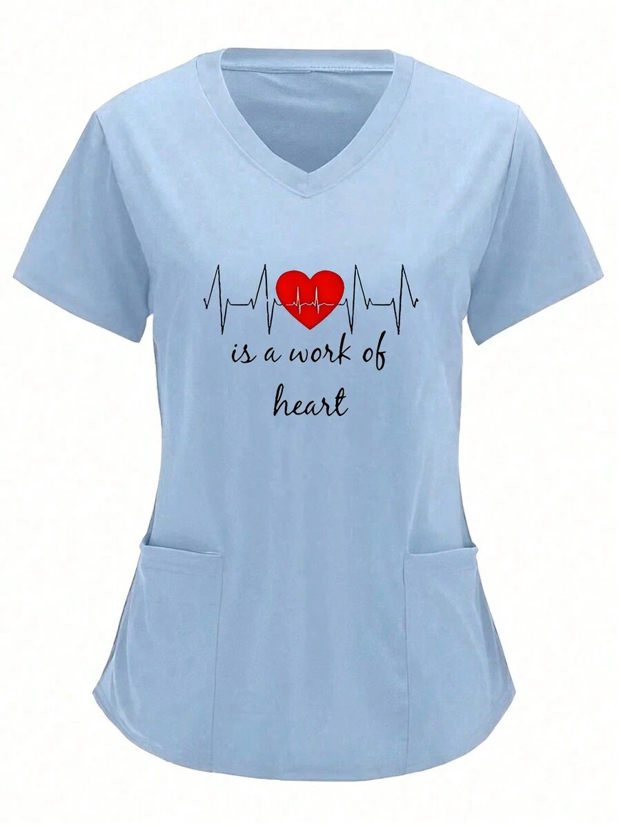 Blue V-Neck Print Nurse Scrub Uniform Top - Blue - View 1