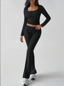 Bộ đồ hai mảnh nữ GAOVOT mùa xuân hè phong cách Y2K ôm sát gợi cảm màu trơn cổ vuông tay dài và quần ống loe nhẹ, thích hợp cho tập gym hoặc mặc thường ngày, màu đen. - màu đen - Xem 6
