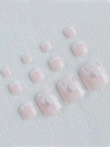 24pcs Elegant Pink French Embossed Nail Art Set - Silver Glitter Sakura Full Cover Press-On Nails - Glossy Short Square False Nails With White Edge Design, Suitable For Women And Girls Nail Accessories Nail Supplies - White - View 3