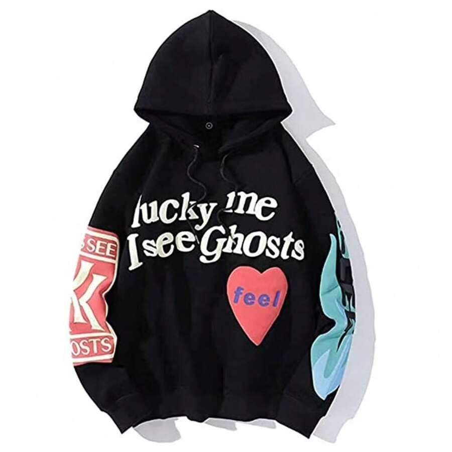 Ghostly Hip Hop Hoodie - Men's Pattern Thick Hooded Sweatshirt For Casual Wear, Soft And Comfortable Fabric, Unique Design - 黑色 - 查看 1