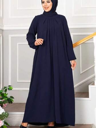 Mode kvinnors Casual Retro Vanlig Rundhals Lång Lös Robe Modest Långärmad Klänning