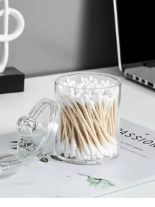 KIT 2 PORTA COTONETE ACRILICO CRISTAL COM TAMPA PORTA ALGODÃO ELÁSTICO ORGANIZADOR - Transparente - Visão 3