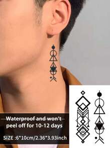 1 件几何临时纹身防水防汗持续 1-2 周逼真草本汁不反光防摩擦仿黑色假纹身男女纹身贴纸适用于手臂、胸部、腰部、背部、腹部、腿部现代人体艺术 - 黑色 - 查看 1