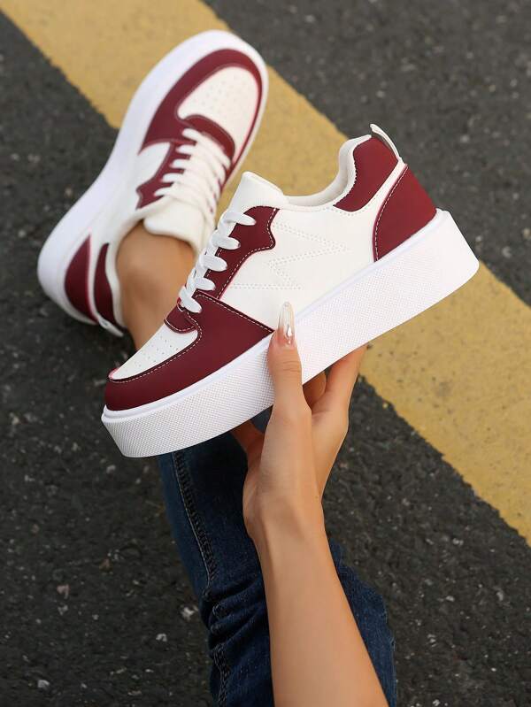 Damskie trampki w dużych rozmiarach, modne, z łatkami, na platformie, cholewka z PU w kolorze bordowym i białym, sznurowane, wygodne, sportowe buty codzienne, odpowiednie do codziennego noszenia, na każdą porę roku