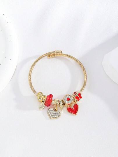 Newest Stainless Steel Gold Heart Pendant Bracelet, DIY Beaded Accessories, Bling Heart Decor, Delicate Heart Bracelet, Double Heart Pendant, Versatile DIY Bracelet For Women Valentines,Mom,Mother,Mother's Day,Gift