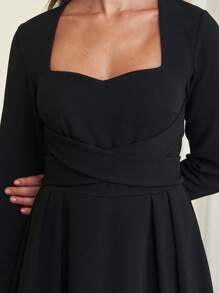 Vestido midi de alta gama de manga larga y cintura ceñida con corte evasé de unicolor, estilo para ir a trabajar, primavera - Negro - Ver 5