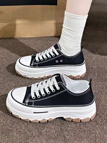 Women's White Tennis Shoes Canvas Sneakers, Women's White Casual Sports Canvas Shoes Design, Ladies Tennis Shoes, Women's High Top Sports Shoes Canvas Thick Bottom, Women's Tennis Shoes Platform Casual Sports Fashion - 黑色 - 查看 5